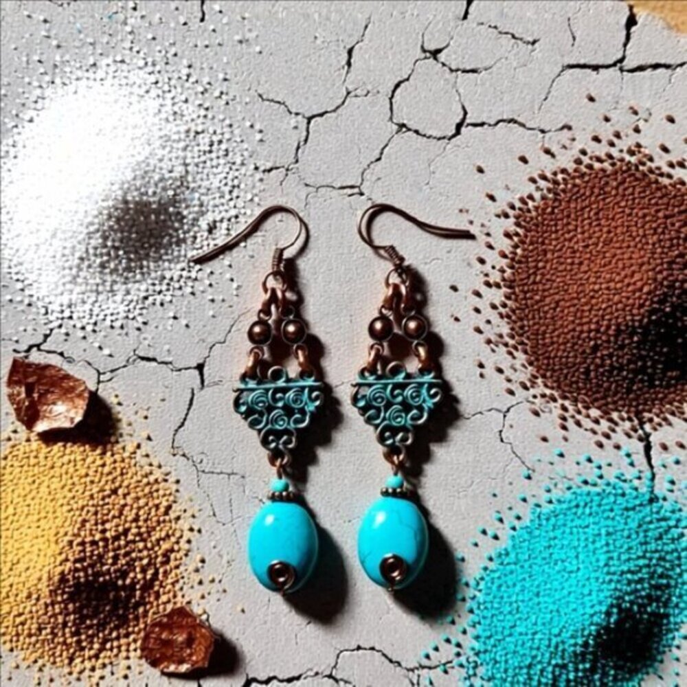 2/$25!!! Aqua Howlite + Copper Patina Painted Earrings - Big Bold Gorgeous!